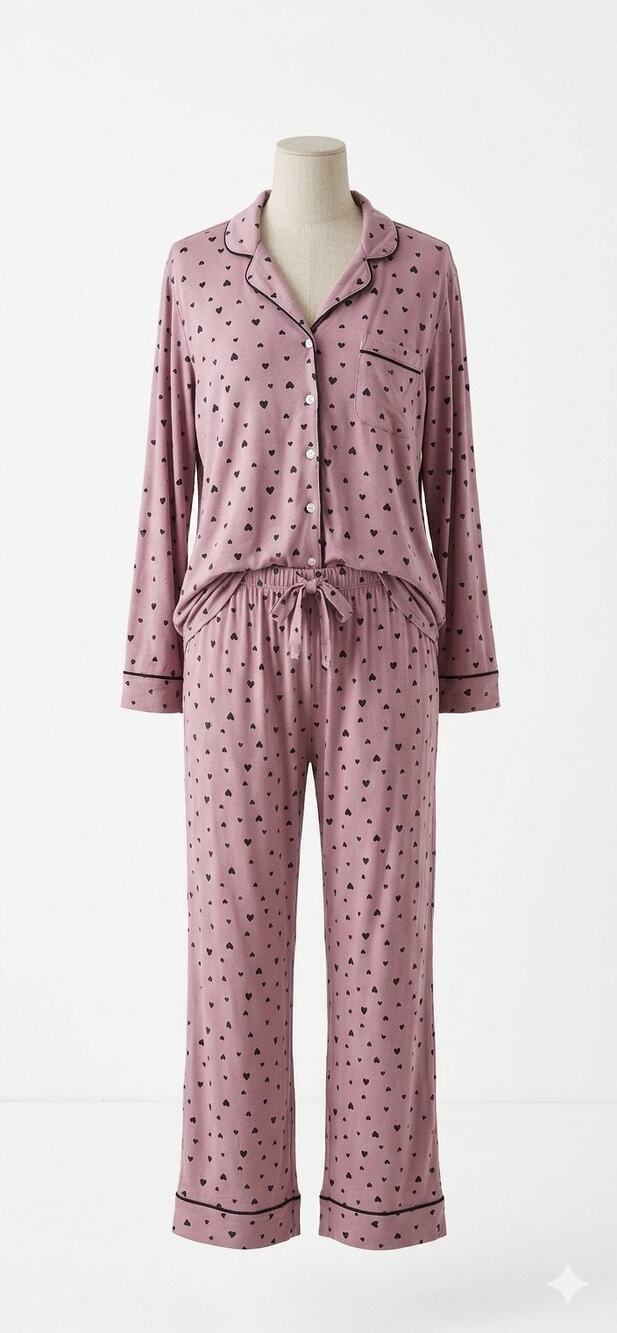 Victoria's Secret Pink Heart PJ Set XL Long Sleeve Button Shirt Pants Pajamas